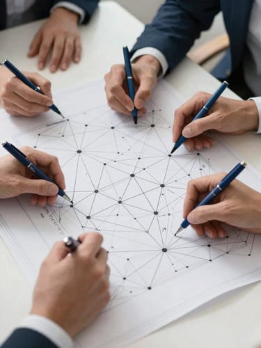 A top-down view of diverse professional hands sketching a complex network diagram on a large blueprint, bright natural daylight, technical blue pens, sharp focus.