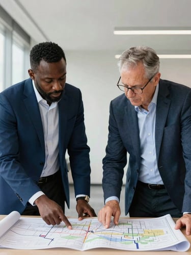 Environmental portrait of two civic leaders, one African and one American, discussing a blueprint map on a table, bright natural daylight, modern office setting with architectural details, 35mm