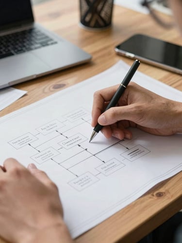 Hands sketching a system flow diagram on a wooden table, blueprints and modern tech devices visible, natural daylight, sharp focus