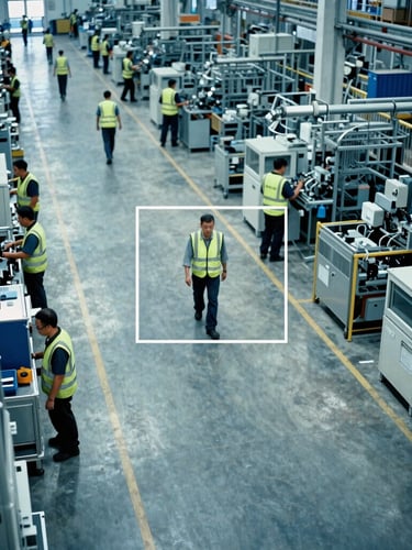 High-angle CCTV perspective of a busy industrial plant floor with workers in high-visibility vests, cool blue tones, digital bounding boxes overlaid, 35mm film style