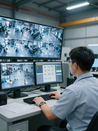 Medium-shot CCTV perspective of an industrial supervisor looking at a control room monitor showing real-time safety camera feeds, cool blue tones, sharp focus, high-contrast warehouse lighting, 35mm