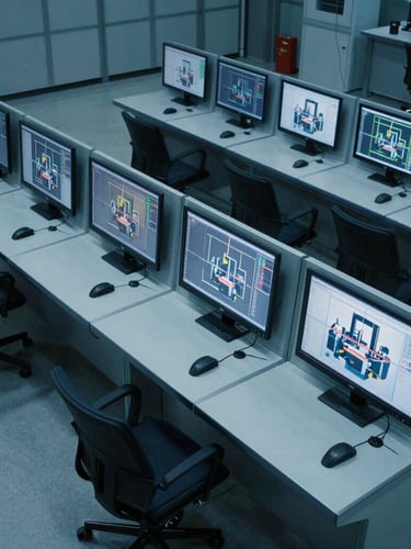 High-angle CCTV perspective of a modern industrial control room with monitors displaying real-time bounding boxes around machinery, cool blue tones, sharp focus, 35mm