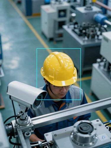 High-angle security camera perspective of a manufacturing plant floor, sharp focus, cool blue tone, a worker wearing a yellow safety helmet highlighted by a sharp cyan digital bounding box overlay, industrial 35mm.