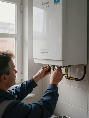 Wide environmental shot inside a real UK utility room, a technician's hands securing a Worcester Bosch boiler to a tiled wall, pipe fittings visible, natural daylight from a nearby window, matter-of-fact documentary framing