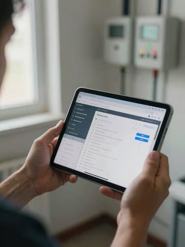 Close-up documentary shot of a technician's hands holding a tablet showing a finance application screen, utility room context visible in the background, natural window light, matter-of-fact framing