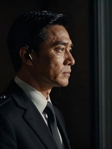 Cinematic close-up of a sharp-suited executive protection agent looking out a dark window, subtle golden light highlighting his earpiece, deep shadows, 35mm film look