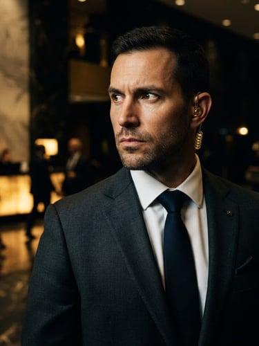 Close-up of a sharp-suited executive protection agent with a subtle golden earpiece, looking vigilant in a dark, high-end corporate lobby, cinematic lighting, 35mm film look.