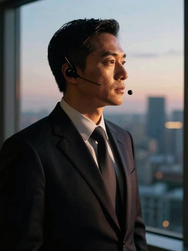 Cinematic portrait of an executive protection specialist in a tailored dark suit, wearing a low-profile earpiece, looking out a high-rise window overlooking a blurred city skyline at dusk, dramatic golden highlight on his shoulder, 35mm film look.