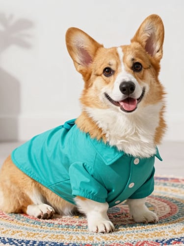 Joyful Pembroke Welsh Corgi sitting proudly on a colorful woven rug, wearing a custom-tailored vibrant teal shirt, bright natural morning light, shallow depth of field