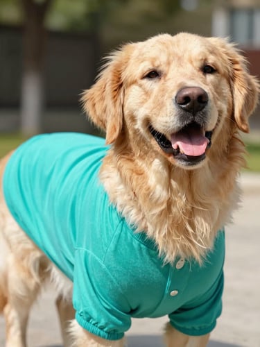 Close-up of a happy golden retriever wearing a custom vibrant teal handmade shirt, bright natural daylight, shallow depth of field