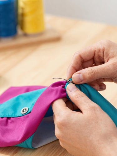 Close-up of hands sewing colorful pet clothing with bright magenta and teal fabrics in a warm workshop, soft daylight, 50mm lens