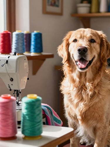 A cozy family workshop in Celaya with spools of colorful thread, a vintage sewing machine, and a happy golden retriever sitting nearby, warm sun rays, 50mm lens