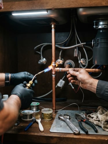 Professional plumber hands repairing a copper pipe under a kitchen sink, bright clean indoor lighting, sharp focus on tools, high contrast, 35mm