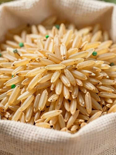 Bright natural daylight macro shot of golden basmati rice grains overflowing from a canvas sack, warm editorial photography, 35mm