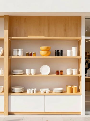 Straight-on architectural shot of organized retail display, warm amber accents, soft high-key natural light, 35mm lens