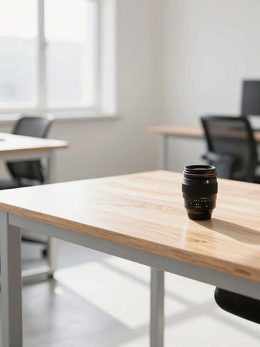 Bright modern open-plan creative studio office environment with clean wooden desks, natural light streaming through large windows, soft shadows, 35mm lens
