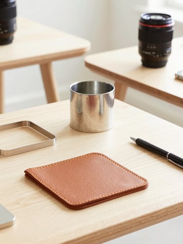 Bright high-key product photography of curated leather and steel goods on clean oak tables, natural daylight, 35mm lens