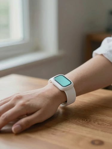 Close-up of a medical-grade wearable on a woman's wrist as she rests her hand on a wooden table in soft morning window light, shallow depth of field, 35mm.