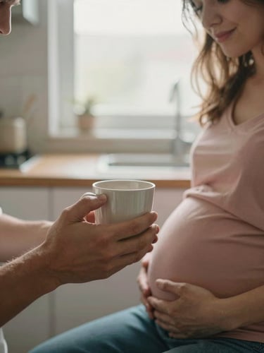 A warm editorial photograph of a partner holding a warm mug, sitting next to an expectant mother in a sunlit kitchen, soft morning light, shallow depth of field, 35mm.