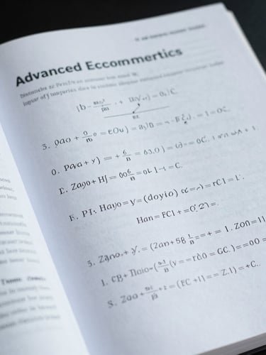 Macro shot of an open advanced econometrics textbook, clean white pages with mathematical formulas and structural equations, cool overcast daylight, sharp focus.