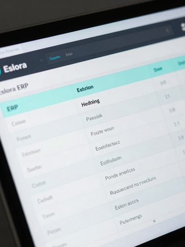 High-fidelity interactive UI mockup of Eslora ERP showing clean data grids, dark mode, sharp cyan rim lighting, close-up details