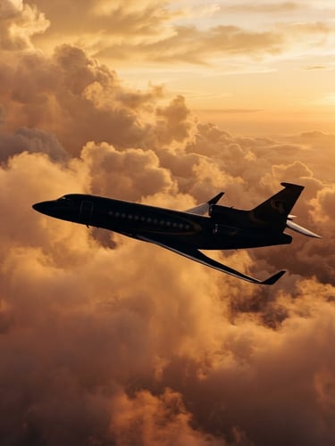 Sleek aircraft silhouette flying through warm golden-hour clouds, deep obsidian tones, gold accents, cinematic luxury photography, 35mm
