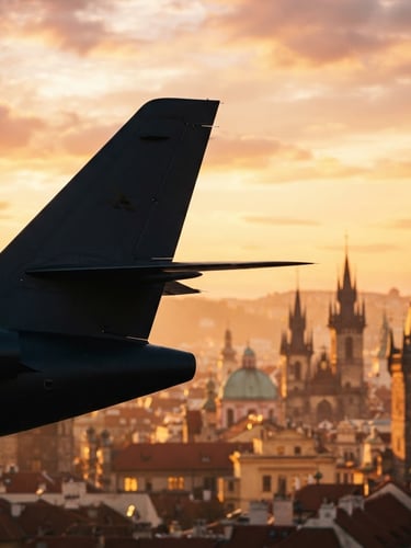 Sleek modern aircraft tail silhouette against a warm golden hour sky over historic European spire architecture, cinematic lighting, shallow depth of field, 35mm