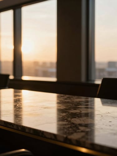 Warm golden-hour window light reflecting on a polished marble desk in a luxury executive lounge, shallow depth of field, 35mm