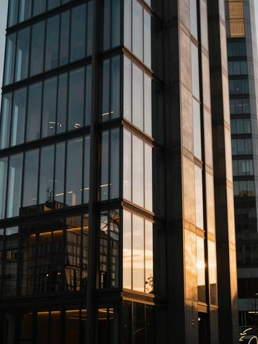 Sleek modern European architecture in Frankfurt, sharp geometric glass facade reflecting golden hour sunlight, deep obsidian shadows.