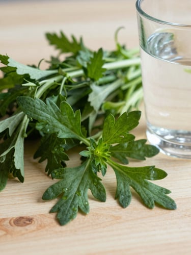 Close-up of fresh organic ingredients, soft natural lighting, a glass of water and fresh herbs on a clean wooden surface.