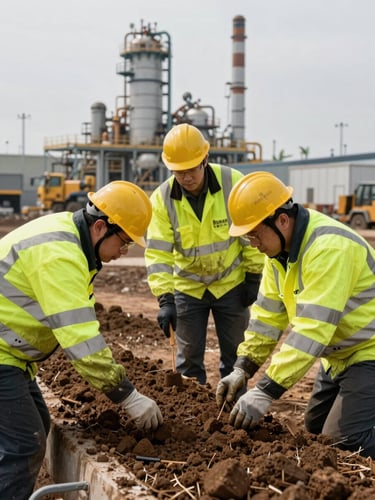 Environmental remediation team in high-visibility gear taking soil core samples on an active industrial job site, overcast daylight, high contrast.