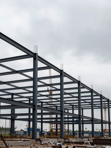 Wide environmental shot of a massive structural steel framing project under an overcast, high-contrast sky, raw industrial site with crane silhouette in background