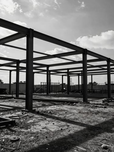Stark, high-contrast wide shot of structural steel framing under overcast daylight, dramatic industrial shadows, raw field work atmosphere.