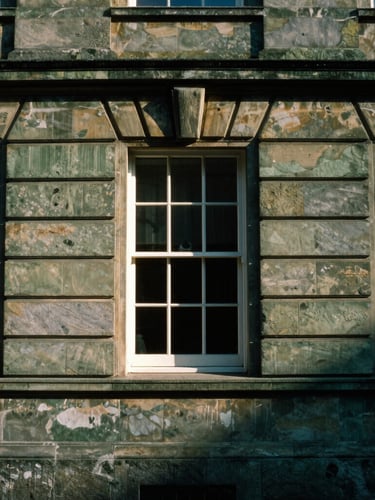 Architectural details of historic stone facade, soft directional window light, high-contrast chiaroscuro, 35mm film