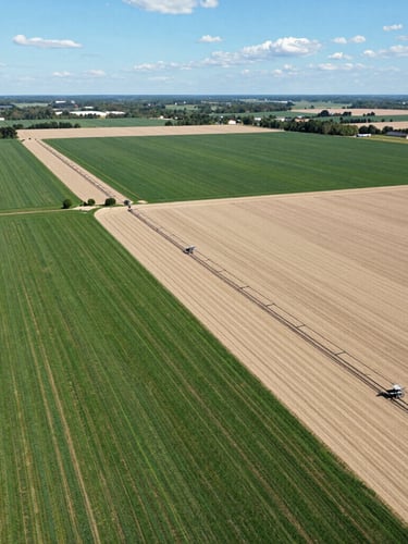 High-altitude drone photograph of active New Jersey farmland with structured irrigation channels, crisp daylight, wide-angle lens