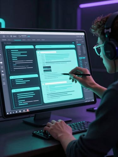 Over-the-shoulder perspective of two developers collaborating intensely over wireframes displayed on a large tablet, moody studio lighting, neon cyan glow reflecting off the screen.