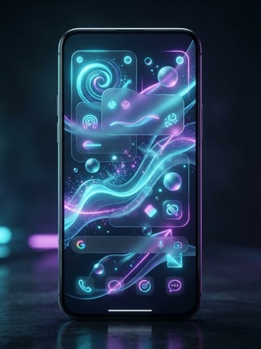 Close-up macro shot of a high-end Android device displaying a fluid, glassmorphic UI animation in neon cyan and electric violet, moody studio lighting, sharp reflections.