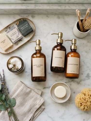 Elegant top-down flat lay of custom hotel toiletries, organic soap bars, and luxury packaging on a light marble counter, soft morning light, warm brass accents, 35mm