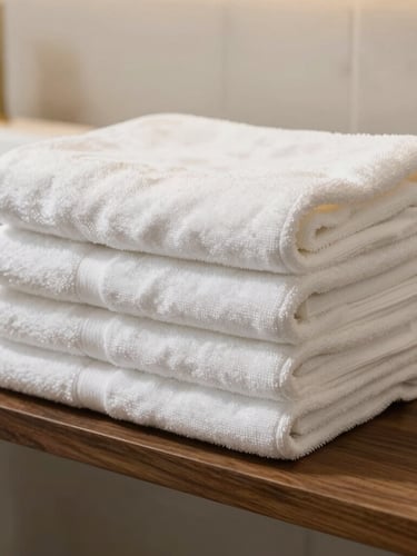 Neatly folded high-quality white towels stacked on a dark wooden shelf in a bright, modern hotel bathroom, warm natural sunlight, 35mm