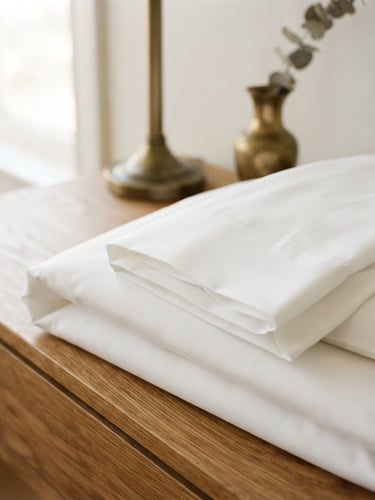 Elegant close-up of folded high-thread-count white linens on a wooden table, warm morning light, brass accent in background, 35mm photography