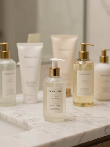 Neatly arranged premium hotel toiletries on a clean marble countertop, soft warm daylight, elegant packaging, shallow depth of field