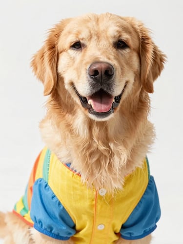 Close-up portrait of a happy golden retriever wearing a colorful custom-tailored summer shirt, bright high-key pet photography, natural daylight, vibrant saturated colors, shallow depth of field, 50mm lens