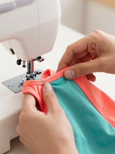 Close-up of hands carefully stitching a colorful coral and teal pet shirt with a sewing machine, warm daylight, soft focus, high-key pet boutique aesthetic.