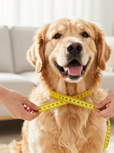 Hands gently measuring a happy golden retriever with a yellow tape measure in a bright, sunlit living room, warm high-key pet photography, 50mm lens