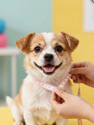 Hands of a designer carefully measuring a happy small dog with a soft tape measure in a bright, colorful workshop, warm daylight, close-up shot