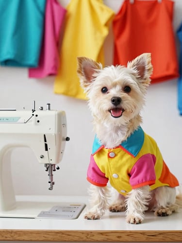 A happy small dog wearing a vibrant custom shirt sitting next to a vintage sewing machine in a bright sunlit workshop, colorful fabrics in the background.