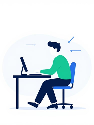 Minimalist vector illustration of a person at a desk, with subtle arrows showing micro-movements and dynamic sitting postures. Clean lines, emerald and sky blue highlights, white background.