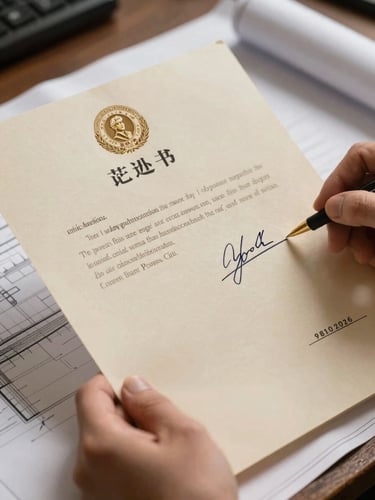 A close-up shot of hands holding a signed deed of land transfer, warm natural light illuminating the document, architectural blueprint visible underneath.