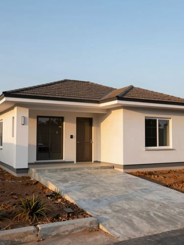 A wide environmental shot of a newly constructed accessible home in Nigeria, built with a concrete entry ramp, clean modern lines, bathed in warm golden-hour sunlight.