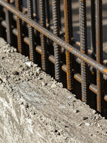 Macro architectural shot of high-grade Nigerian concrete curing around thick steel rebar, high-contrast natural West African sunlight highlighting the textured surface